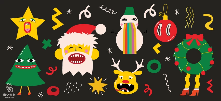 圣诞节圣诞老人圣诞树姜饼屋平安夜元素贴纸图案AI矢量设计素材【001】